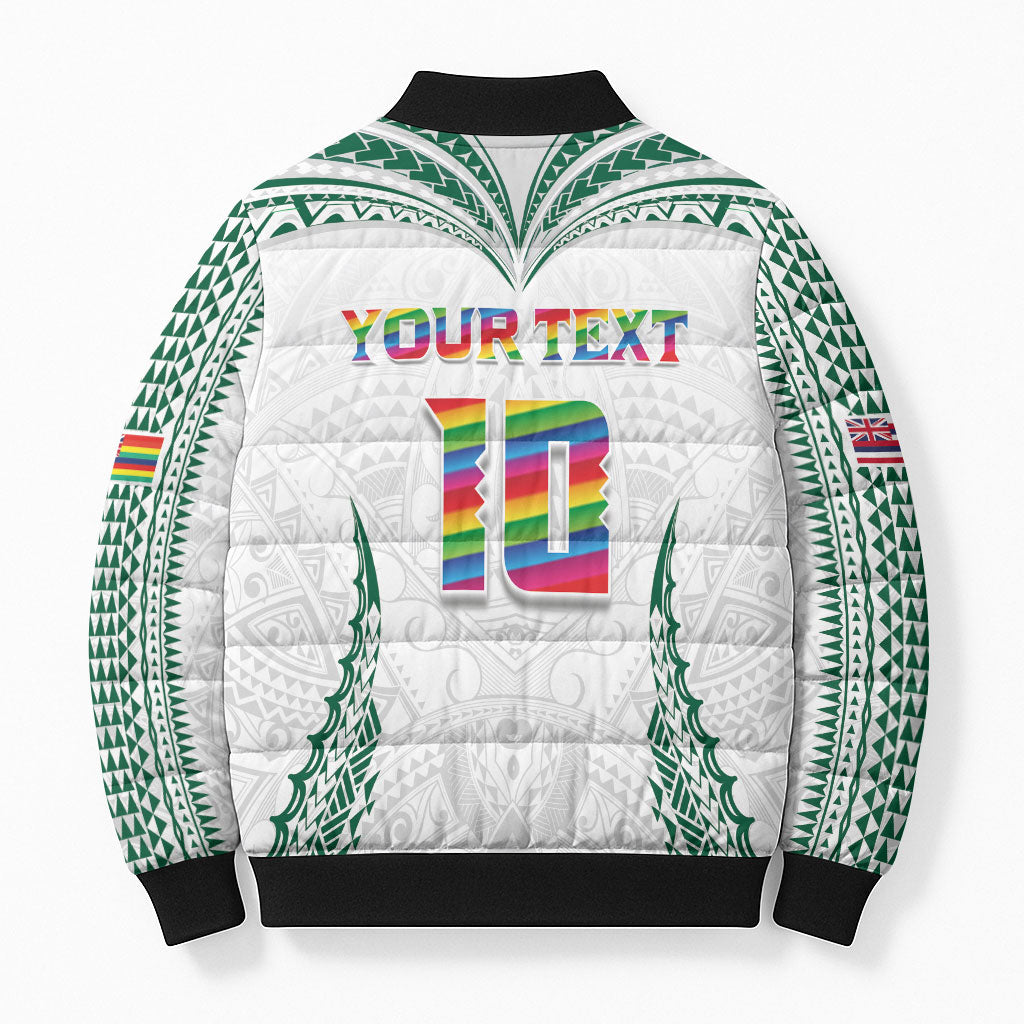 Custom Hawaii Rainbow Warriors Bomber Puffer Jacket Polynesian Motif White Color