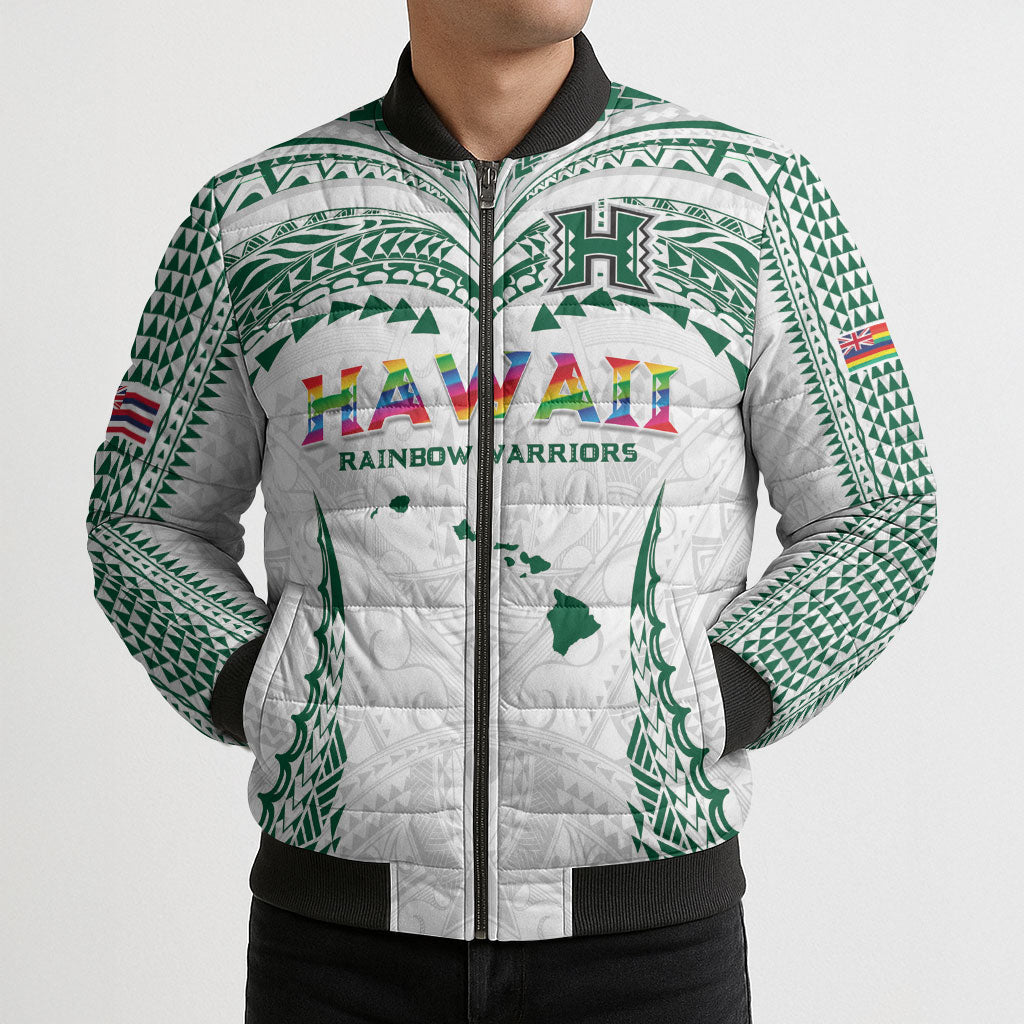 Custom Hawaii Rainbow Warriors Bomber Puffer Jacket Polynesian Motif White Color