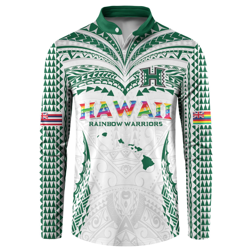 Custom Hawaii Rainbow Warriors Button Sweatshirt Polynesian Motif White Color
