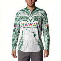 Custom Hawaii Rainbow Warriors Button Sweatshirt Polynesian Motif White Color