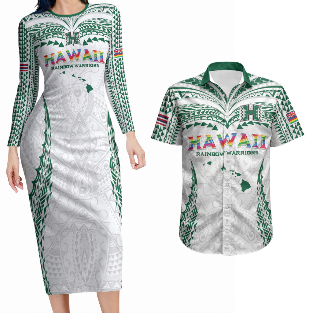 Custom Hawaii Rainbow Warriors Couples Matching Long Sleeve Bodycon Dress and Hawaiian Shirt Polynesian Motif White Color