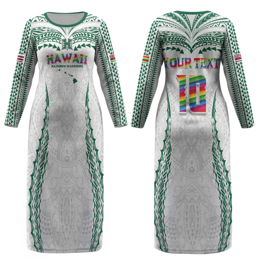 Custom Hawaii Rainbow Warriors Couples Matching Long Sleeve Bodycon Dress and Long Sleeve Button Shirt Polynesian Motif White Color