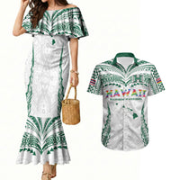 Custom Hawaii Rainbow Warriors Couples Matching Mermaid Dress and Hawaiian Shirt Polynesian Motif White Color