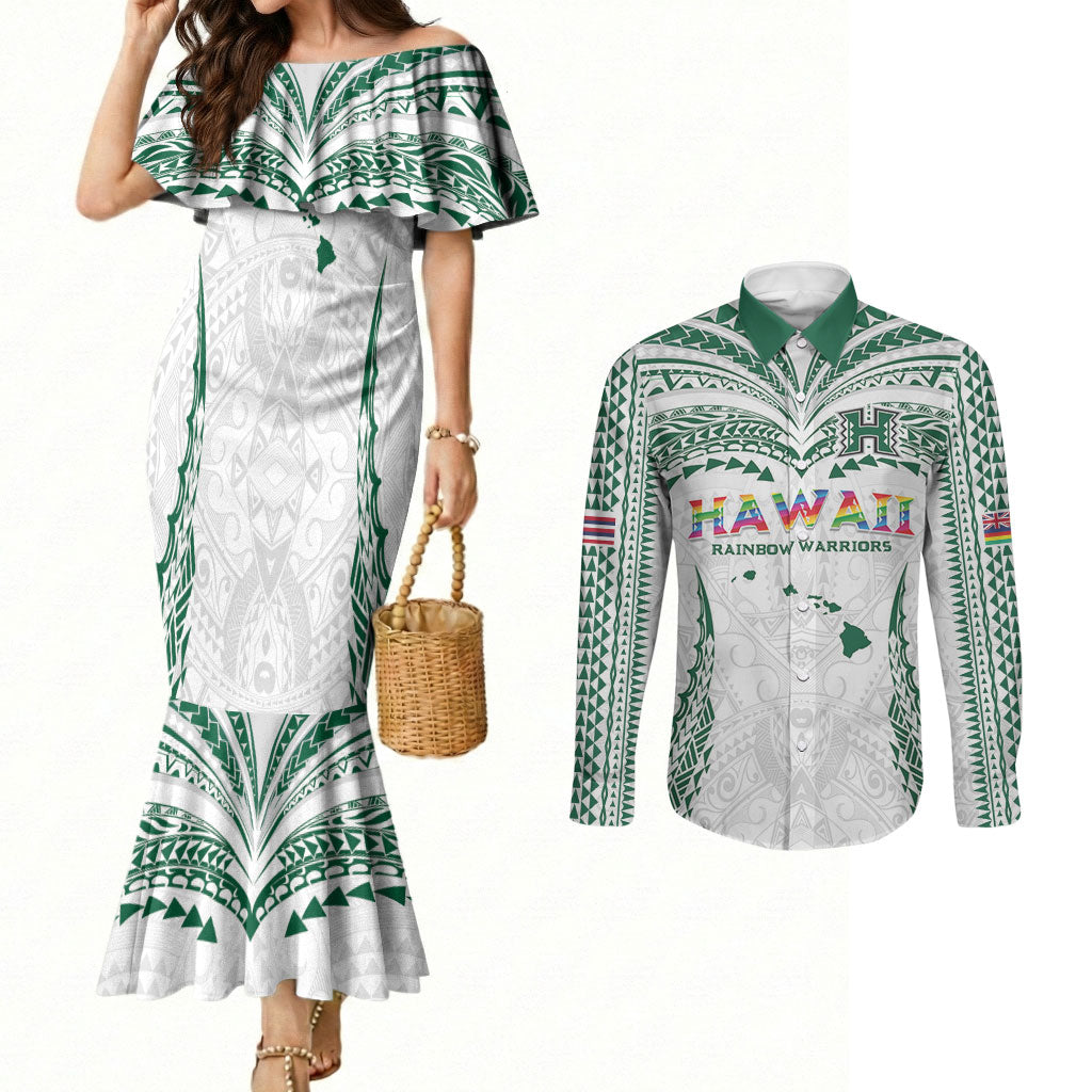 Custom Hawaii Rainbow Warriors Couples Matching Mermaid Dress and Long Sleeve Button Shirt Polynesian Motif White Color