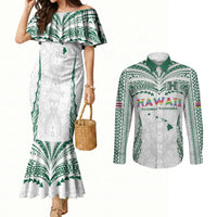 Custom Hawaii Rainbow Warriors Couples Matching Mermaid Dress and Long Sleeve Button Shirt Polynesian Motif White Color