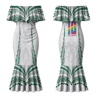 Custom Hawaii Rainbow Warriors Couples Matching Mermaid Dress and Long Sleeve Button Shirt Polynesian Motif White Color