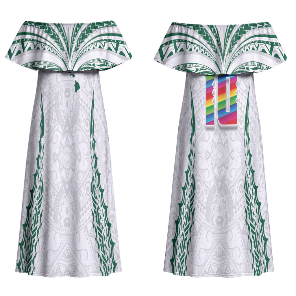 Custom Hawaii Rainbow Warriors Couples Matching Off Shoulder Maxi Dress and Hawaiian Shirt Polynesian Motif White Color