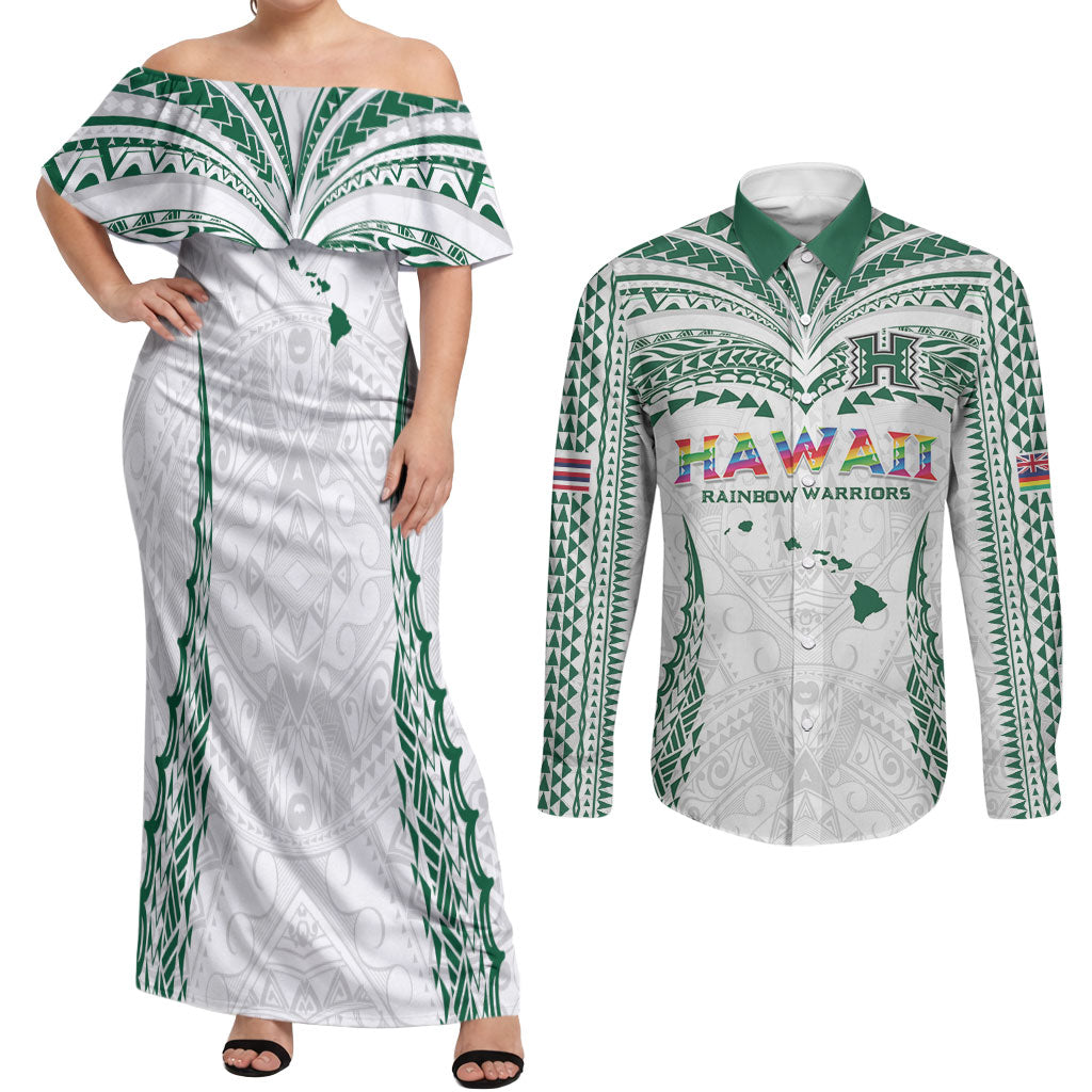 Custom Hawaii Rainbow Warriors Couples Matching Off Shoulder Maxi Dress and Long Sleeve Button Shirt Polynesian Motif White Color