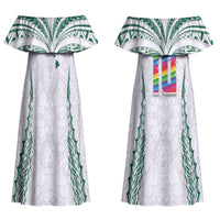Custom Hawaii Rainbow Warriors Couples Matching Off Shoulder Maxi Dress and Long Sleeve Button Shirt Polynesian Motif White Color