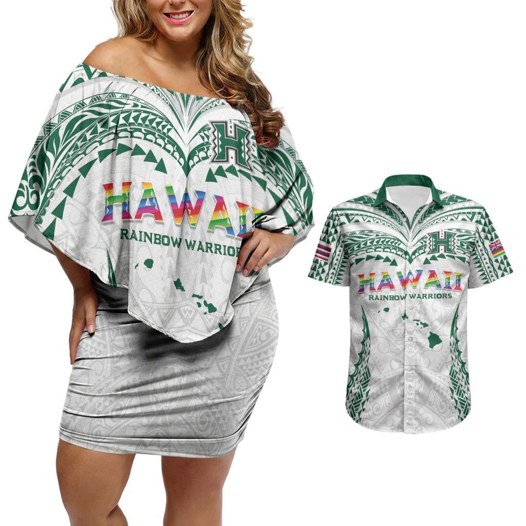 Custom Hawaii Rainbow Warriors Couples Matching Off Shoulder Short Dress and Hawaiian Shirt Polynesian Motif White Color