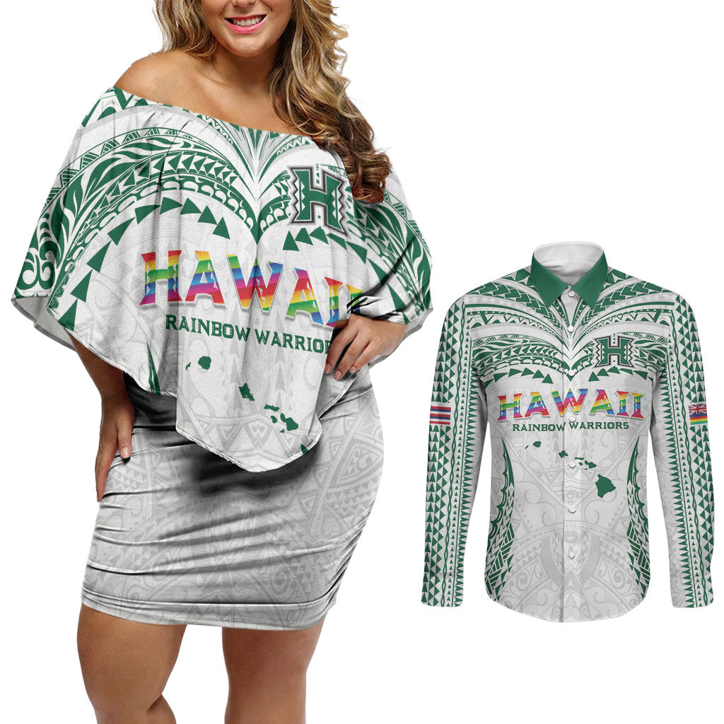 Custom Hawaii Rainbow Warriors Couples Matching Off Shoulder Short Dress and Long Sleeve Button Shirt Polynesian Motif White Color
