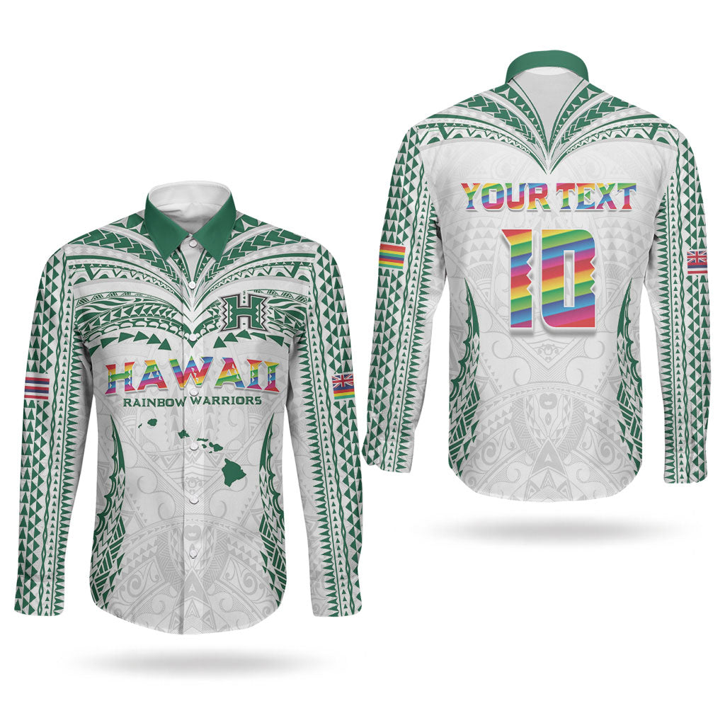 Custom Hawaii Rainbow Warriors Couples Matching Off Shoulder Short Dress and Long Sleeve Button Shirt Polynesian Motif White Color