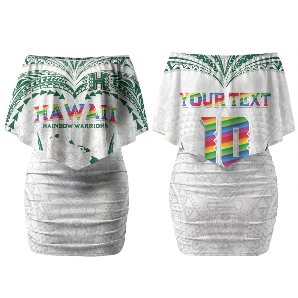 Custom Hawaii Rainbow Warriors Couples Matching Off Shoulder Short Dress and Long Sleeve Button Shirt Polynesian Motif White Color