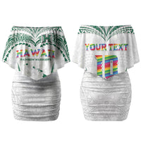 Custom Hawaii Rainbow Warriors Couples Matching Off Shoulder Short Dress and Long Sleeve Button Shirt Polynesian Motif White Color