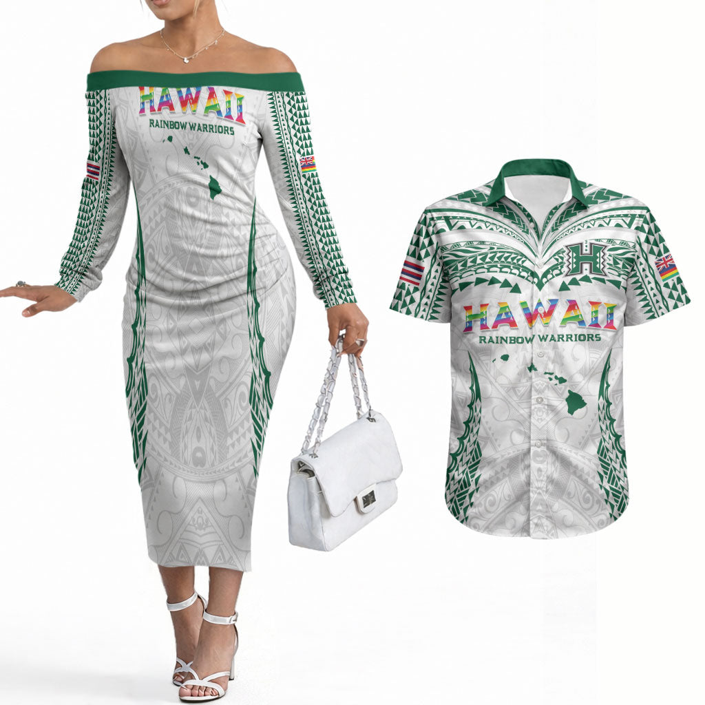 Custom Hawaii Rainbow Warriors Couples Matching Off The Shoulder Long Sleeve Dress and Hawaiian Shirt Polynesian Motif White Color