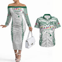 Custom Hawaii Rainbow Warriors Couples Matching Off The Shoulder Long Sleeve Dress and Hawaiian Shirt Polynesian Motif White Color