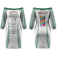 Custom Hawaii Rainbow Warriors Couples Matching Off The Shoulder Long Sleeve Dress and Long Sleeve Button Shirt Polynesian Motif White Color