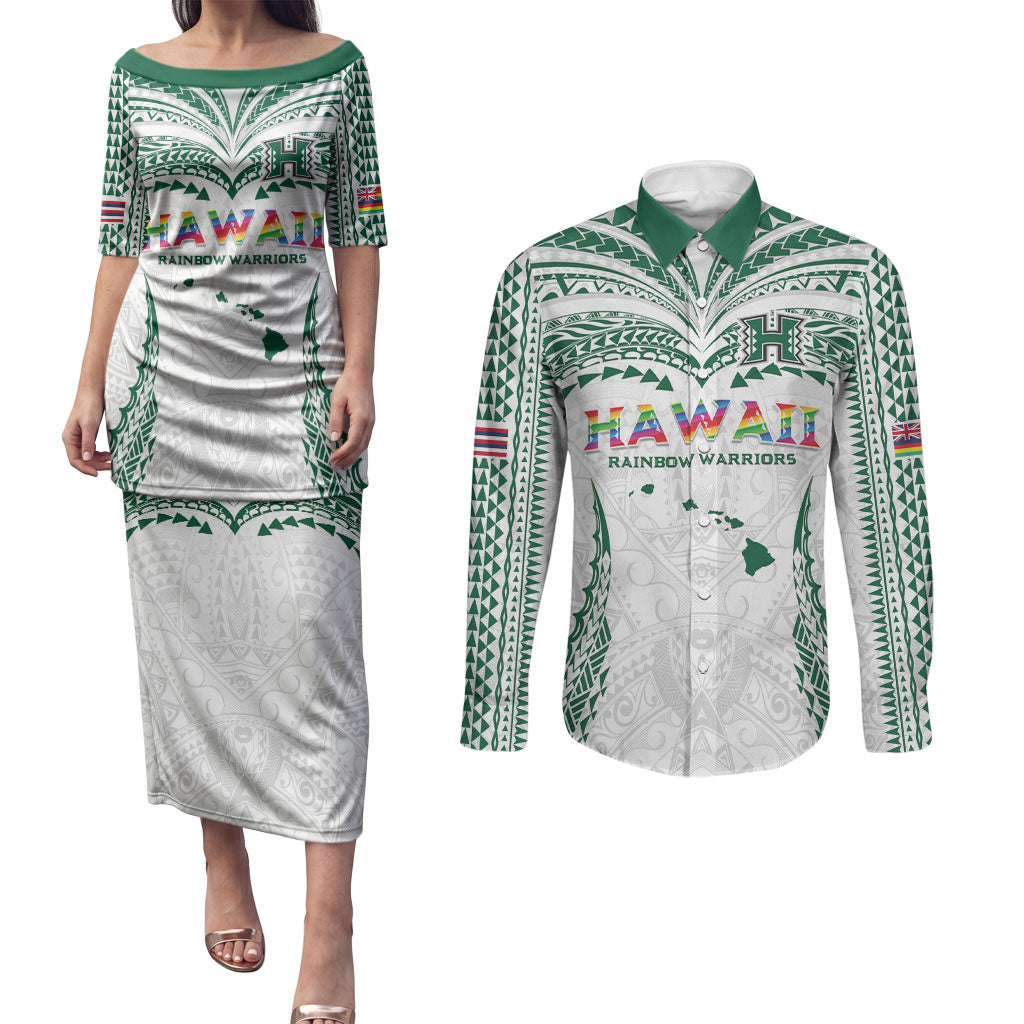 Custom Hawaii Rainbow Warriors Couples Matching Puletasi and Long Sleeve Button Shirt Polynesian Motif White Color