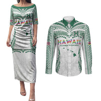 Custom Hawaii Rainbow Warriors Couples Matching Puletasi and Long Sleeve Button Shirt Polynesian Motif White Color