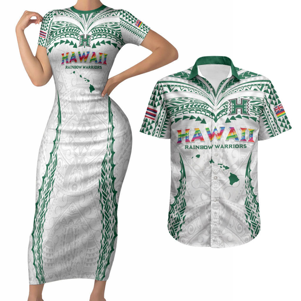 Custom Hawaii Rainbow Warriors Couples Matching Short Sleeve Bodycon Dress and Hawaiian Shirt Polynesian Motif White Color