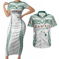 Custom Hawaii Rainbow Warriors Couples Matching Short Sleeve Bodycon Dress and Hawaiian Shirt Polynesian Motif White Color