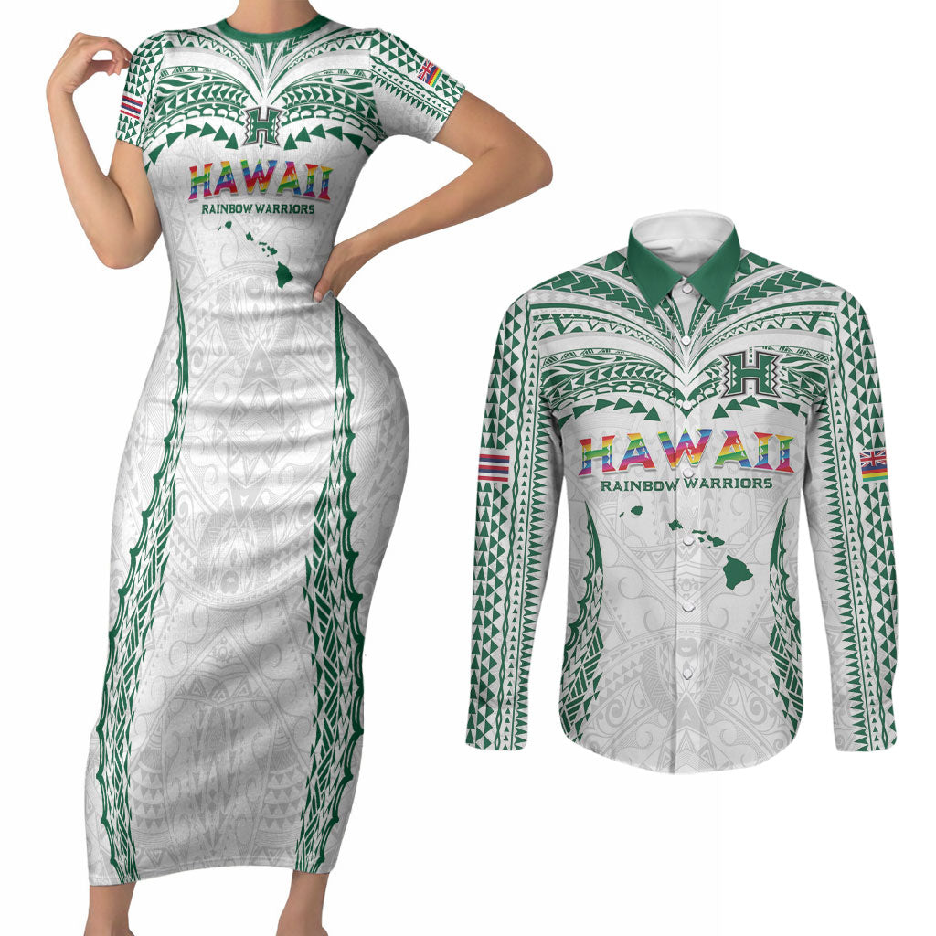 Custom Hawaii Rainbow Warriors Couples Matching Short Sleeve Bodycon Dress and Long Sleeve Button Shirt Polynesian Motif White Color