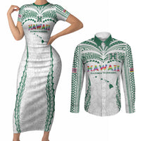Custom Hawaii Rainbow Warriors Couples Matching Short Sleeve Bodycon Dress and Long Sleeve Button Shirt Polynesian Motif White Color