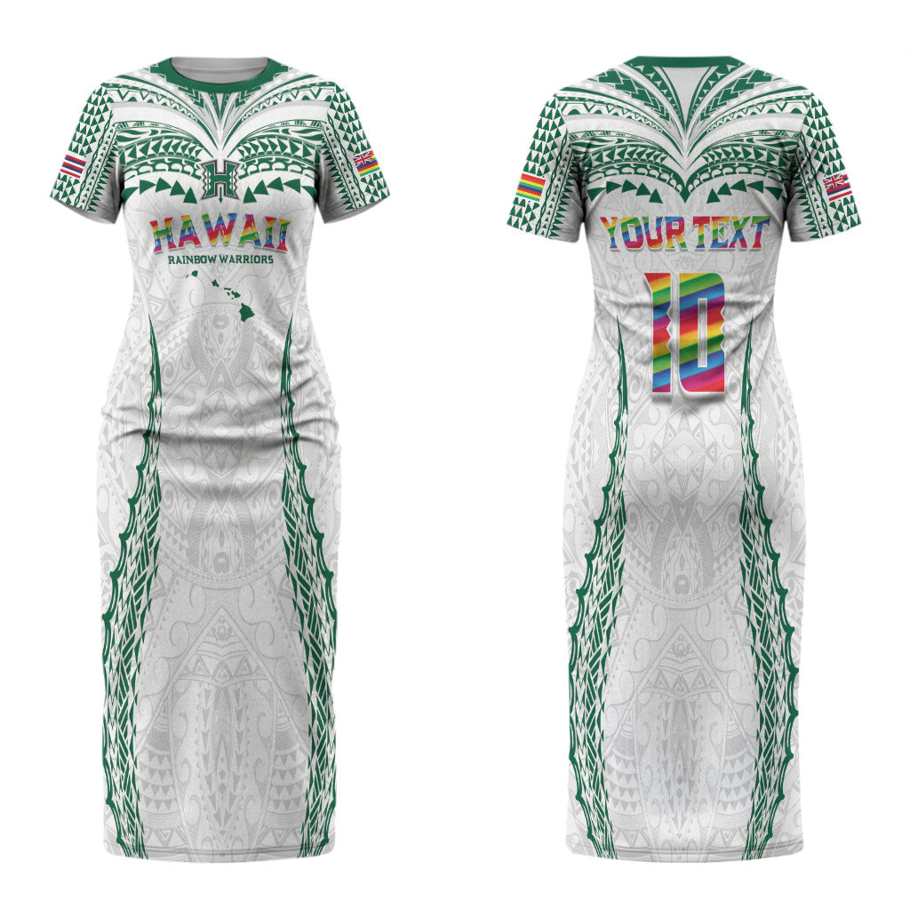 Custom Hawaii Rainbow Warriors Couples Matching Short Sleeve Bodycon Dress and Long Sleeve Button Shirt Polynesian Motif White Color