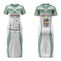 Custom Hawaii Rainbow Warriors Couples Matching Short Sleeve Bodycon Dress and Long Sleeve Button Shirt Polynesian Motif White Color