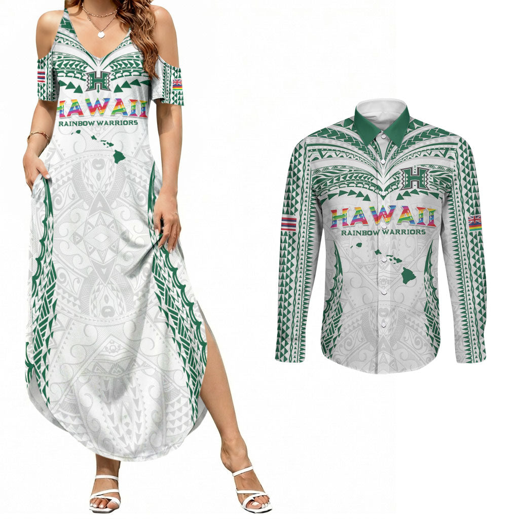 Custom Hawaii Rainbow Warriors Couples Matching Summer Maxi Dress and Long Sleeve Button Shirt Polynesian Motif White Color