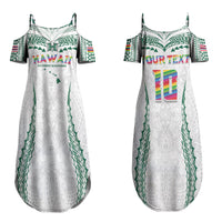 Custom Hawaii Rainbow Warriors Couples Matching Summer Maxi Dress and Long Sleeve Button Shirt Polynesian Motif White Color