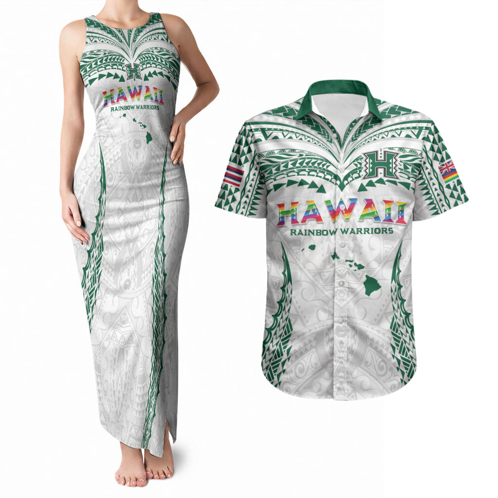 Custom Hawaii Rainbow Warriors Couples Matching Tank Maxi Dress and Hawaiian Shirt Polynesian Motif White Color