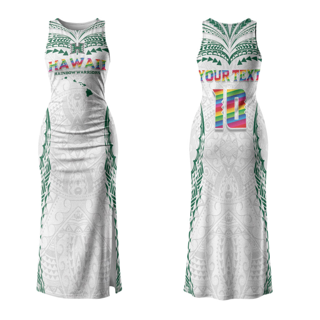 Custom Hawaii Rainbow Warriors Couples Matching Tank Maxi Dress and Hawaiian Shirt Polynesian Motif White Color