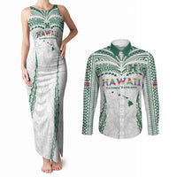 Custom Hawaii Rainbow Warriors Couples Matching Tank Maxi Dress and Long Sleeve Button Shirt Polynesian Motif White Color