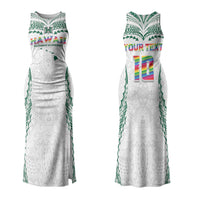Custom Hawaii Rainbow Warriors Couples Matching Tank Maxi Dress and Long Sleeve Button Shirt Polynesian Motif White Color
