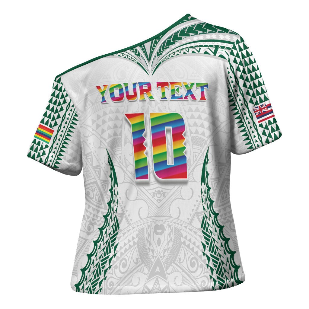 Custom Hawaii Rainbow Warriors Cross Shoulder Shirt Polynesian Motif White Color