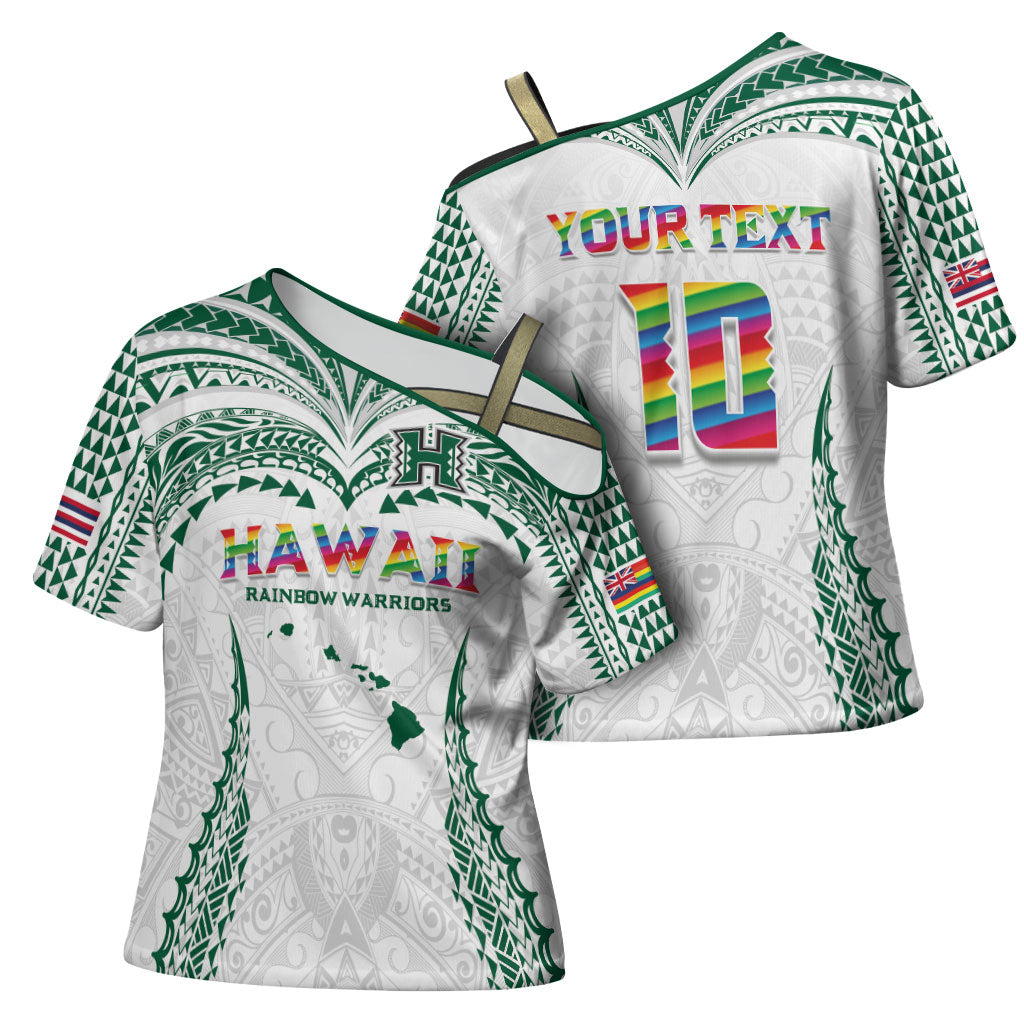 Custom Hawaii Rainbow Warriors Cross Shoulder Shirt Polynesian Motif White Color
