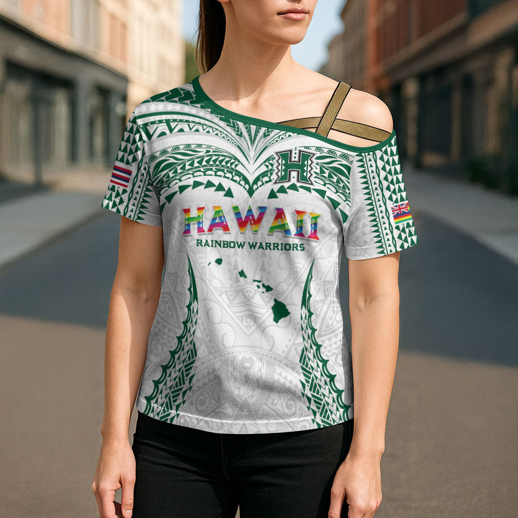 Custom Hawaii Rainbow Warriors Cross Shoulder Shirt Polynesian Motif White Color