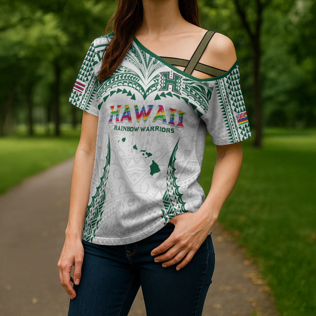 Custom Hawaii Rainbow Warriors Cross Shoulder Shirt Polynesian Motif White Color
