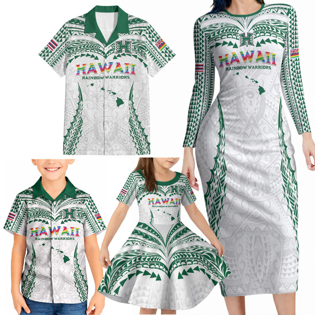 Custom Hawaii Rainbow Warriors Family Matching Long Sleeve Bodycon Dress and Hawaiian Shirt Polynesian Motif White Color