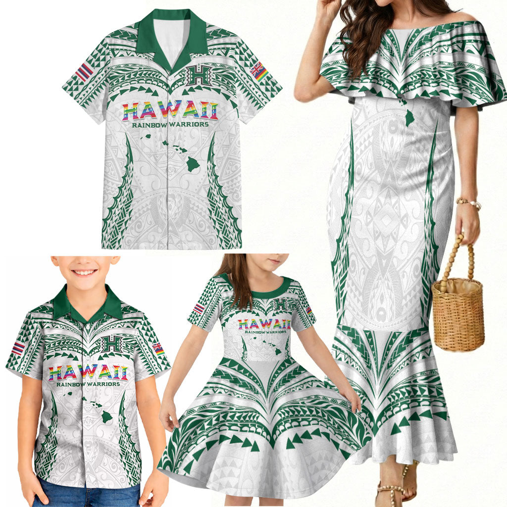 Custom Hawaii Rainbow Warriors Family Matching Mermaid Dress and Hawaiian Shirt Polynesian Motif White Color