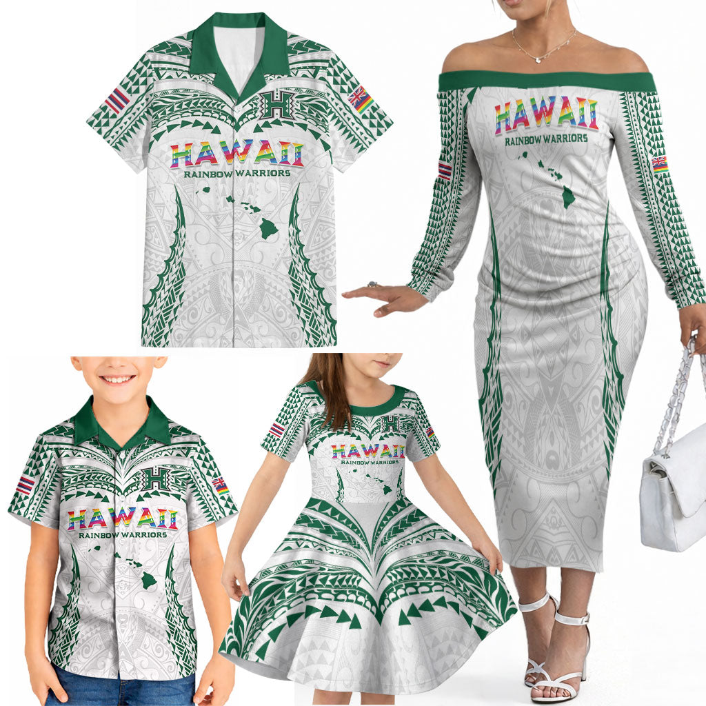 Custom Hawaii Rainbow Warriors Family Matching Off The Shoulder Long Sleeve Dress and Hawaiian Shirt Polynesian Motif White Color
