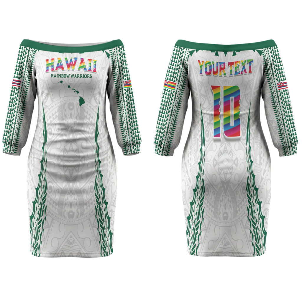 Custom Hawaii Rainbow Warriors Family Matching Off The Shoulder Long Sleeve Dress and Hawaiian Shirt Polynesian Motif White Color