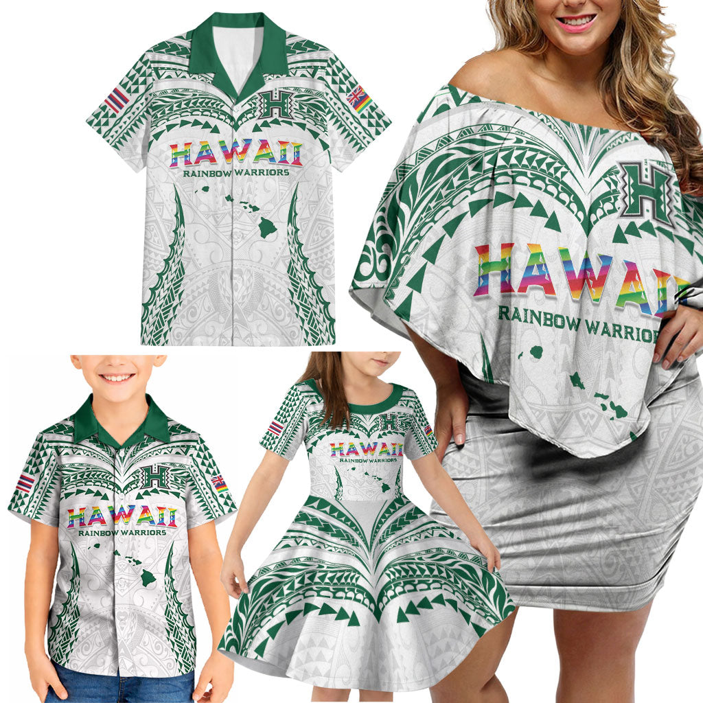 Custom Hawaii Rainbow Warriors Family Matching Off Shoulder Short Dress and Hawaiian Shirt Polynesian Motif White Color
