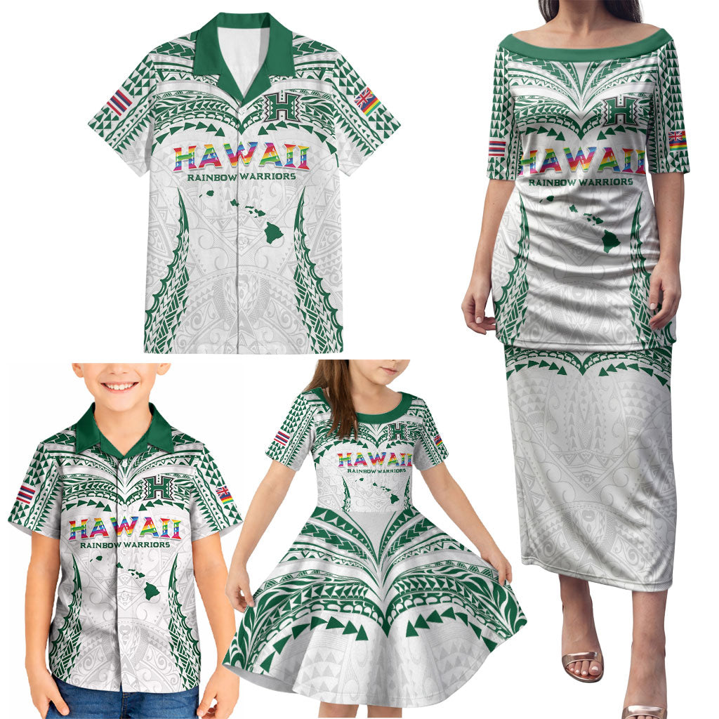 Custom Hawaii Rainbow Warriors Family Matching Puletasi and Hawaiian Shirt Polynesian Motif White Color