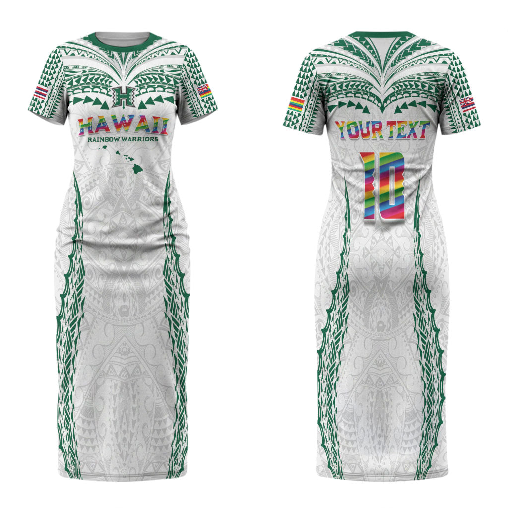 Custom Hawaii Rainbow Warriors Family Matching Short Sleeve Bodycon Dress and Hawaiian Shirt Polynesian Motif White Color