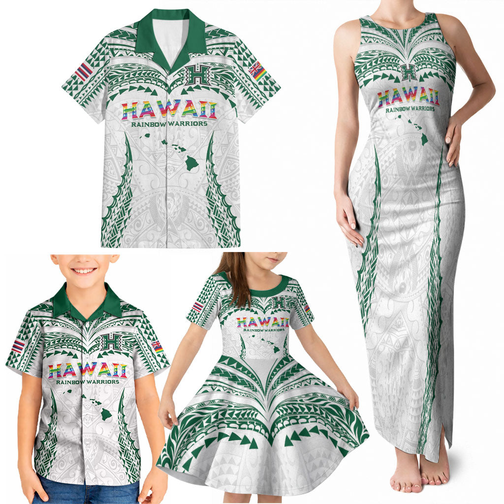 Custom Hawaii Rainbow Warriors Family Matching Tank Maxi Dress and Hawaiian Shirt Polynesian Motif White Color
