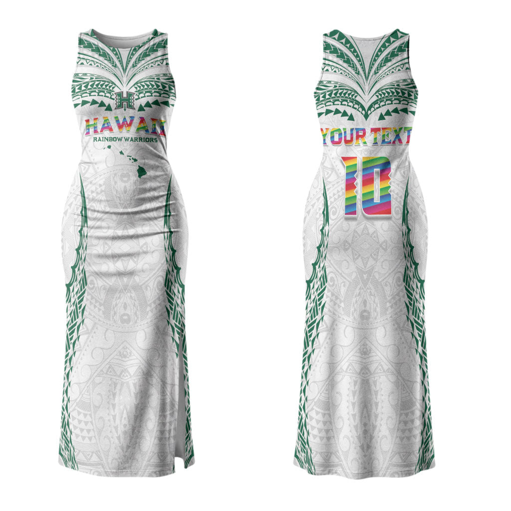 Custom Hawaii Rainbow Warriors Family Matching Tank Maxi Dress and Hawaiian Shirt Polynesian Motif White Color