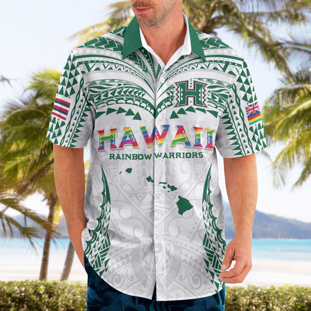 Custom Hawaii Rainbow Warriors Hawaiian Shirt Polynesian Motif White Color