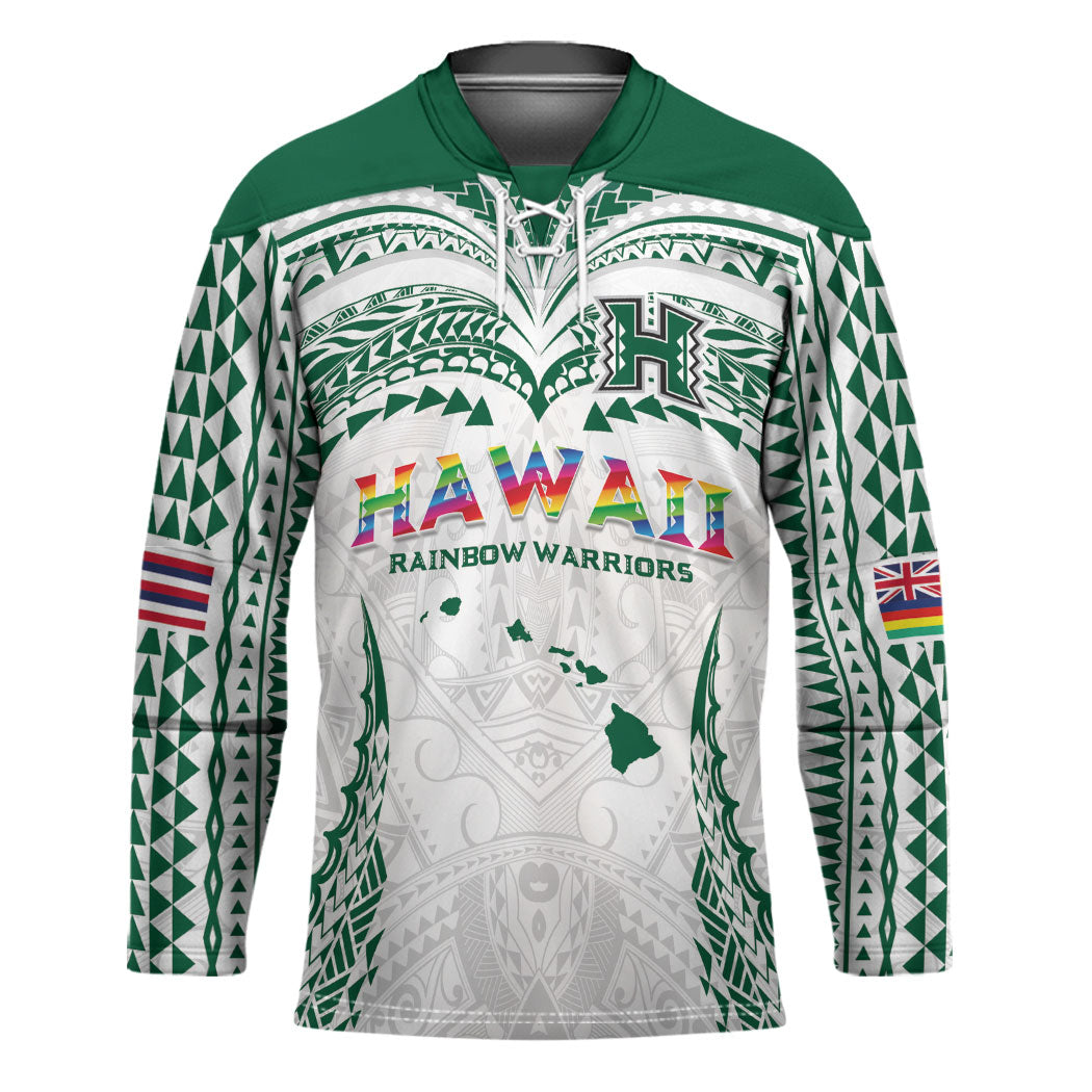 Custom Hawaii Rainbow Warriors Hockey Jersey Polynesian Motif White Color
